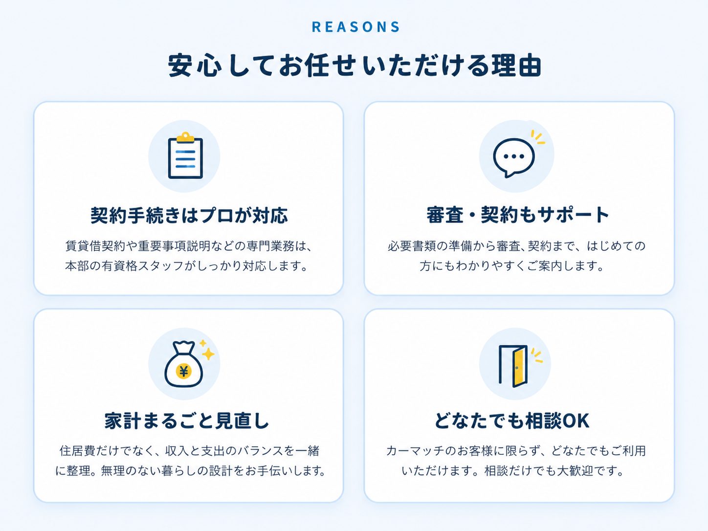 安心してお任せいただける理由：契約手続きはプロが対応（賃貸借契約や重要事項説明などの専門業務は、本部の有資格スタッフがしっかり対応します）、審査・契約もサポート（必要書類の準備から審査、契約まで、はじめての方にもわかりやすくご案内します）、家計まるごと見直し（住居費だけでなく、収入と支出のバランスを一緒に整理。無理のない暮らしの設計をお手伝いします）、どなたでも相談OK（カーマッチのお客様に限らず、どなたでもご利用いただけます。相談だけでも大歓迎です）。